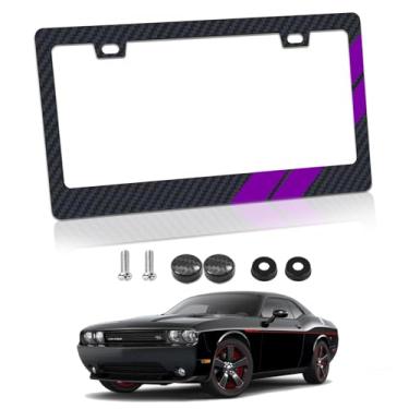 Imagem de Compatível com moldura de placa de licença Dodge de fibra de carbono 15 cm x 30 cm com parafusos para decoração de capas de suporte de etiqueta de carro. (TanXW-D-Q-roxo)