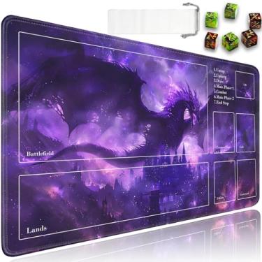 Imagem de JVGFYNKL Tapete de brinquedo TCG com zonas, borracha antiderrapante de 61 x 35 cm para MTG Playmat com cordão e bolsa de viagem e 6 dados, para MTG Mat, tapetes de jogo de cartas com estampa de dragão
