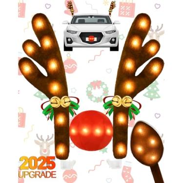 Imagem de Kit de decoração de carro com chifres de rena de Natal 2025, luzes de LED, veículo de nariz com sinos, Rudolph, fantasia fofa, acessórios de férias para SUV Van Truck Decor Branco quente