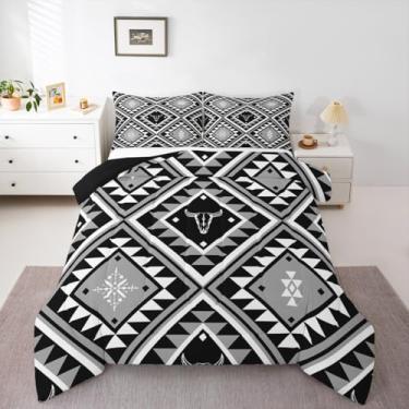 Imagem de Erosebridal Jogo de cama solteiro ocidental rústico do sudoeste, boêmio, étnico, touro, caveira, diamante, geométrico, fazenda, estilo mexicano, preto e branco