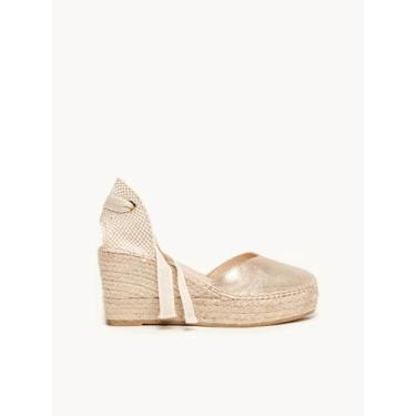 Imagem de Sandália Anabela Média Plataforma Romero Camurça Dourado Metalizado - 