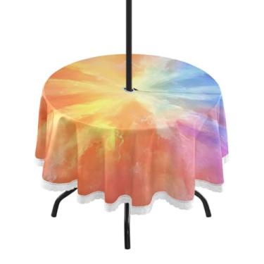 Imagem de CEBUGI Toalha de mesa redonda para uso externo, colorida, tingida, impermeável, com furo Umberlla, capa de mesa lavável para pátio, cozinha, sala de jantar, 152 cm