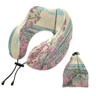 Imagem de CEBUGI Travesseiros de viagem portáteis em forma de U, travesseiro de pescoço de espuma viscoelástica com trava de corda ajustável para avião, viagem, trem, negócios, escritório, nuca, (Torre Eiffel)