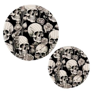 Imagem de Wassud Conjunto de trivet rosa crânio branco para pratos quentes suportes de panela redondos de algodão almofadas quentes elegantes porta-copos decoração de cozinha e acessórios, 2 peças
