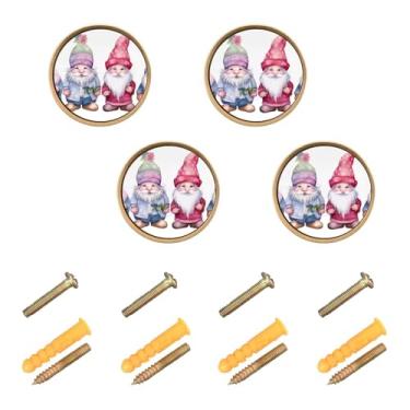 Imagem de Burbuja Puxadores de armário de cozinha Christmas Gnomos, pacote com 4, puxadores redondos de 3,5 cm, puxadores de cômoda com parafusos para armários de cozinha, quarto, armário