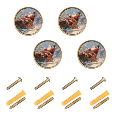Imagem de Burbuja Puxadores de armário de cozinha de Natal Papai Noel em trenó, pacote com 4, puxadores de gaveta redonda de 3,5 cm com parafusos para armários de cozinha, quarto, armário