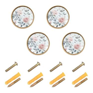 Imagem de Burbuja Maçanetas de armário de cozinha Pink Roses, pacote com 4, puxadores redondos de 3,5 cm, puxadores de cômoda com parafusos para armários de cozinha, quarto, armário