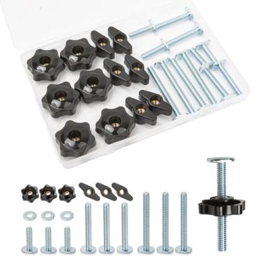 Imagem de YuxLnJxem Kit de manípulos de trilho T 24 peças, parafusos de 1/10.2 cm-20 T (2.5 cm, 1-1/5.1 cm, 2-1/5.1 cm) com botões estrela e botões T – Acessórios de trilho T para gabaritos, braçadeiras e