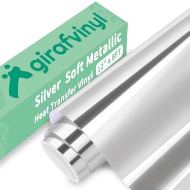 Imagem de GIRAFVINYL Vinil de transferência de calor prata metálico HTV de folha macia prata ferro sobre vinil 30,4 cm x 2,4 m cromo HTV vinil para camisetas DIY, bolsas, roupas
