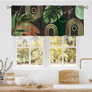 Imagem de Saia moderna de meados do século, boho estética verde tropical folhas de palmeira abstrata minimalista geomética preta pequena cortinas para cozinha, café, sala de estar, quarto, armário, banheiro