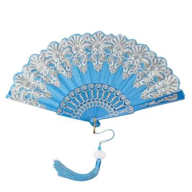 Imagem de Ventilador dobrável – Elegante ventilador dobrável chinês de flor azul, 1 ventilador portátil com design dobrável suave, fechado 23 cm, aberto 38 cm – perfeito para decoração, presentes e uso diário