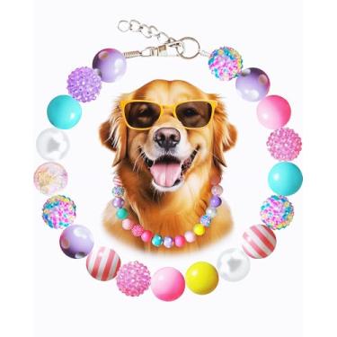 Imagem de KUDES Colar com coleira de cachorro Bubblegum – Contas de doces grossas de 20 mm com corrente de aço inoxidável | Coleira de strass ajustável para cães médios/grandes | Joias de uso diário e festa