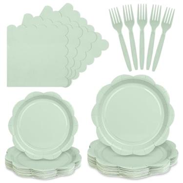 Imagem de Conjunto de pratos e guardanapos de papel verde sálvia com 96 peças, suprimentos de festa, conjunto de talheres para 24 convidados inclui pratos recortados verdes sálvia, guardanapos e garfos