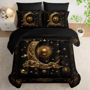 Imagem de lneffble Conjunto de edredom King com 7 peças de galáxia preta e dourada, sol e lua (1 edredom, 1 lençol de cima, 1 lençol com elástico, 2 fronhas e 2 fronhas), decoração de quarto de astrologia