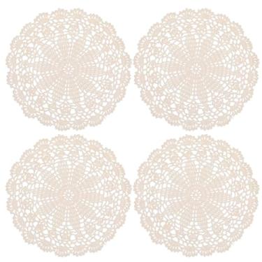 Imagem de Lenços de renda elegantes – 4 peças de jogo americano de renda redonda de crochê para decoração de mesa, bege
