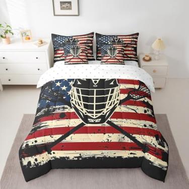 Imagem de Manfei Jogo de cama King com estampa de lacrosse, 7 peças, bandeira americana para decoração de quarto de meninos, meninas, adolescentes, lençol de cima, lençol com elástico, lençol de cima e fronhas