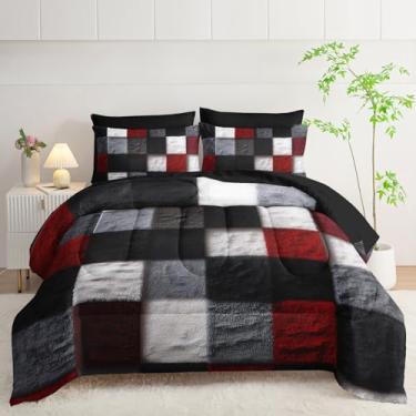 Imagem de lneffble Conjunto de edredom King com lençol de 7 peças, preto, branco, vermelho, xadrez, (1 edredom, 1 lençol de cima, 1 lençol com elástico, 2 fronhas e 2 fronhas)