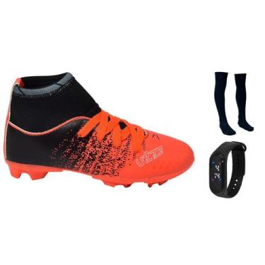 Imagem de Chuteira Infantil Campo Botinha Cano Alto Gramado Travas +  Meião + Re