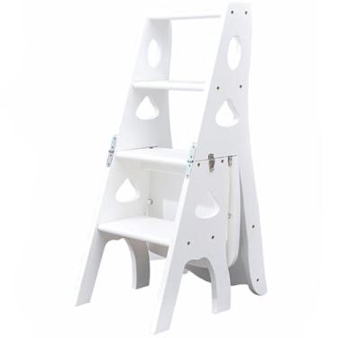 Imagem de Cadeira dobrável para biblioteca, escada, escada, escadas de 4 camadas, suporte de flor de madeira de pinheiro espesso, banqueta conversível 3 em 1, pegada pequena (cor: branco, tamanho: 35 * 47,5