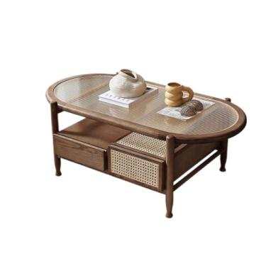 Imagem de Mesa central nórdica de madeira maciça de vime, mesa de centro oval para casa, mesa de centro pequena, mesa de café, mesa de armazenamento multifuncional, mesa de quarto (B)