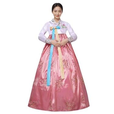 Imagem de STIOEDYUAN Vestido feminino tradicional coreano Hanbok de manga comprida com bordado floral, Rosa claro, Large