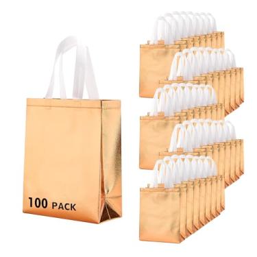 Imagem de RACETOP 100 peças de sacos de presente reutilizáveis em ouro rosa, 20 x 10 x 25 cm, elegantes sacos de presente não tecidos brilhantes para aniversário, casamento, lembrancinhas de festa, embalagem de