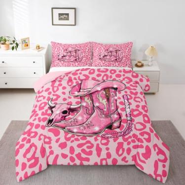 Imagem de Feelyou Conjunto de cama com decoração de oeste rosa, macio, para meninos e meninas, vaqueira do oeste, tamanho casal, leopardo, edredom de microfibra, botas de equitação, decoração de quarto, 3 peças