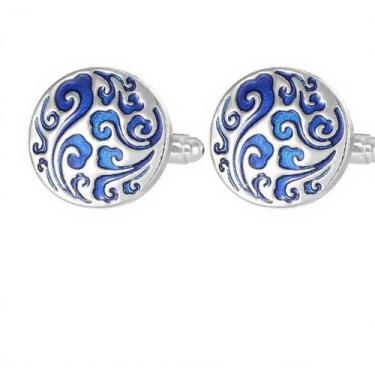 Imagem de Abotoaduras genéricas, elegantes, redondas, esmalte, azul, padrão flor