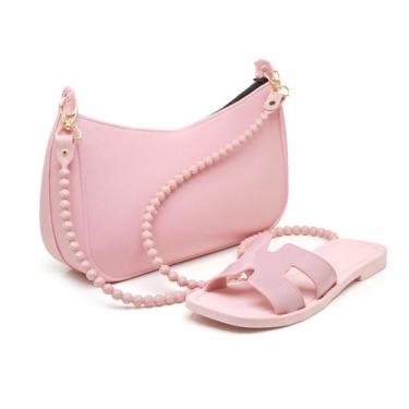 Imagem de Kit Bolsa Baguete Tiracolo Feminina + Chinelo Slide Flat Conjunto Fash
