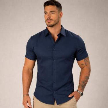 Imagem de Camisa Social Masculina Slim fit Luxo Moda Manga Curta - Volgue, Azul 