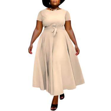 Imagem de WUSENST Vestidos formais plus size para mulheres curvilíneas manga 3/4 evasê, estampa rodada, bolsos maxi vestidos, Sy002-bege, 3G