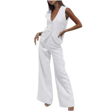 Imagem de Aniywn Conjunto de colete e calça de duas peças para mulheres 2024, leve, sem mangas, abotoado, gola V, calça larga, A1 - Branco, Small