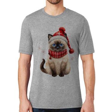 Imagem de Camiseta Gato Natalino Gorro e Cachecol - Foca na Moda, Cinza, M
