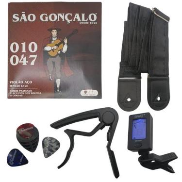 Imagem de 1 Jogo Cordas p/ Violão Afinador Capotraste Correia Palheta - SG