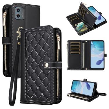 Imagem de Dswteny Capa carteira para Motorola Moto G 5G 2023 com alça de pulso com cordão flip zíper suporte suporte macio acessórios padrão Argyle capa de celular para G5G 5 G G5 mulheres meninas preta