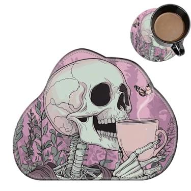 Imagem de Mouse pad fofo mais 1 porta-copos para jogos, tapete de mouse pequeno 30 x 24 cm, mouse pads de viagem com bordas costuradas duráveis base antiderrapante, caveira café rosa decoração mousepad para