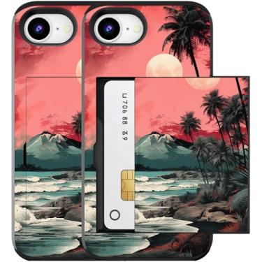 Imagem de MUQR Capa compatível com iPhone 16e 2025 Cute Kawaii, capa carteira com porta-cartão Funda para mulheres meninas proteção praia mar palmeiras pôr do sol onda montanha