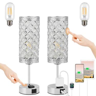 Imagem de MeHiMe Luminária De Mesa Cristal Usb Mehime, 2 Peças, Dourada Com Toque, Portas Carregamento A+C E Múltiplas Tomadas, Cabeceira Regulável 3 Vias (Lâmpadas Incluídas, Peças) (Prata Brilhante, 2)