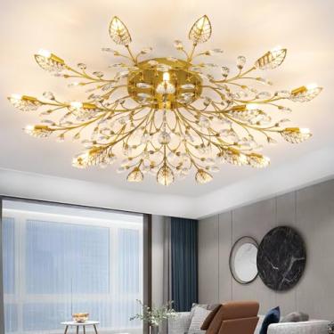 Imagem de celimi Luminária De Teto Cristal Moderna Com Folhas Douradas, Semi-Embutida, Lustre Para Iluminação Quarto, Sala Estar, Jantar, Cozinha, Corredor, Hall Entrada (Dourado, 18 Lâmpadas)