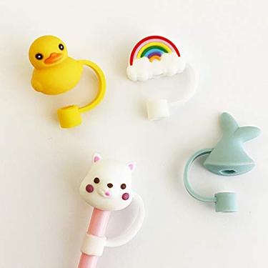 Imagem de Lemonadeus Capa de silicone com 4 pontas de canudo reutilizáveis, tampas/plugues antipoeira, vedação hermética à prova de respingos - para canudos de 6 a 8 mm (pato/alpaca/cauda de peixe/arco-íris)