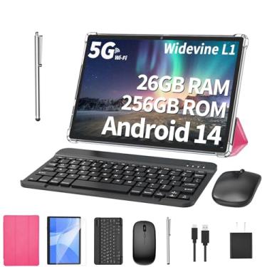 Imagem de Tablet Android com teclado, 26 GB de RAM, 256 GB de ROM (expansão de 2 TB), tablets Android 14 de 10,1 polegadas, bateria de 8000 mAh, BT 5.0, certificado GMS, Wi-Fi 2,4G e 5G, tablets 2 em 1 com