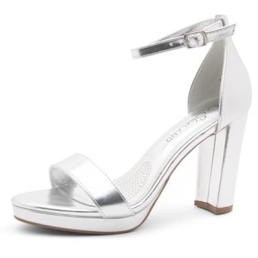 Imagem de Shoe Land Salto plataforma feminino - Sandálias de salto grosso com tira no tornozelo, bico aberto elegante salto alto para mulheres, sapatos confortáveis de formatura, casamento e festa 2025, Prata