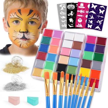 Imagem de Kit de pintura facial VESPRO 32 cores com pincéis, estênceis, brilhos