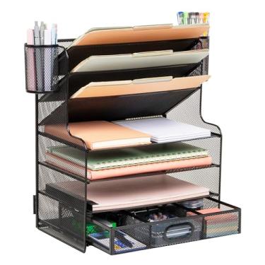 Imagem de Mind Reader Organizador de mesa de malha, 6 compartimentos, 1 gaveta, 2 copos de caneta, organizador de mesa de escritório, malha de metal, preto