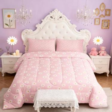 Imagem de Jogo de cama solteiro com estampa de margaridas fofas, desenho botânico natural, decoração de quarto de meninas e mulheres, edredom floral de jardim com sol de princesa, enchimento de edredom