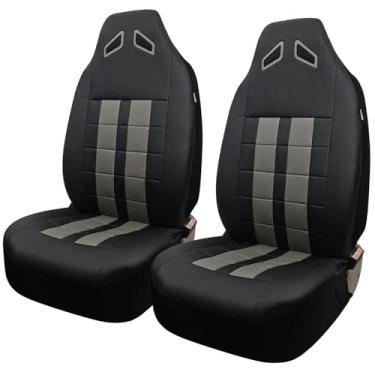 Imagem de Champlus Capas de assento de carro, couro premium ultra confortável e espessas 2 capas de assento dianteiro, design de corrida, ajuste universal carros sedãs automotivos, SUVs, caminhões, mini vans