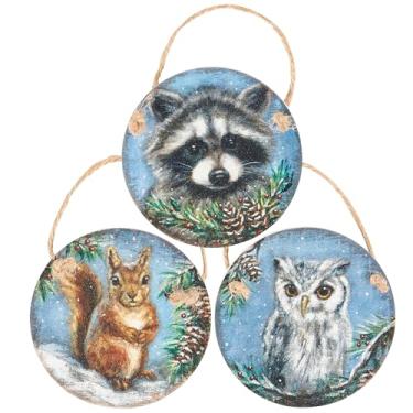 Imagem de Primitives by Kathy Conjunto de enfeites - Amigos de inverno, conjunto de 3 cenas encantadoras de neve/animais da floresta/guaxinim/esquilo/coruja/arte exclusiva/árvore/decoração de parede