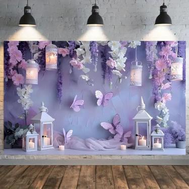 Imagem de Fundo de fotografia de festa de aniversário de menina com glitter roxo floral primavera borboleta decoração de festa de fundo para chá de bebê recém-nascido faixa de flores do país das maravilhas pano
