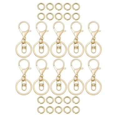 Imagem de Chaveiro com fecho de lagosta com 30 fechos de lagosta giratórios dourados e 100 anéis redondos de metal dourado DIY de 9 x 7 mm, pingentes resistentes para artesanato e uso diário