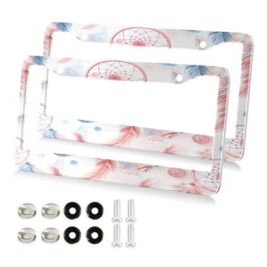 Imagem de Qilmy Molduras de placa de licença 2 pacotes, capas de placa de licença de pena de captura de sonhos, moldura universal de etiqueta de alumínio para etiquetas dianteiras e traseiras do carro375